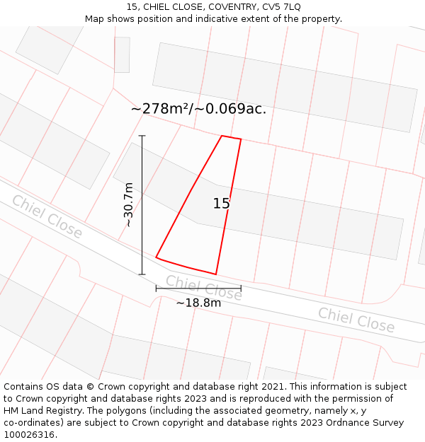 15, CHIEL CLOSE, COVENTRY, CV5 7LQ: Plot and title map