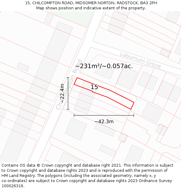 15, CHILCOMPTON ROAD, MIDSOMER NORTON, RADSTOCK, BA3 2PH: Plot and title map