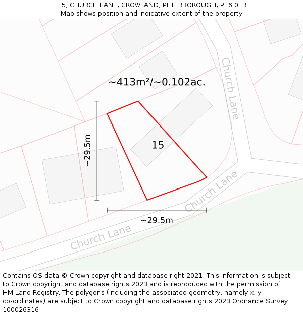 15, CHURCH LANE, CROWLAND, PETERBOROUGH, PE6 0ER: Plot and title map