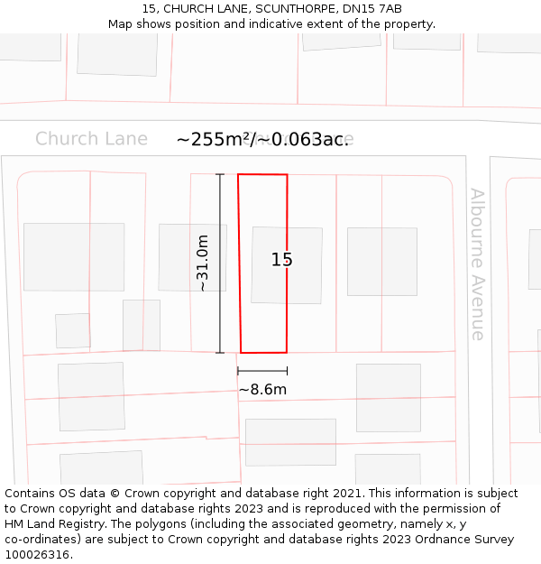 15, CHURCH LANE, SCUNTHORPE, DN15 7AB: Plot and title map