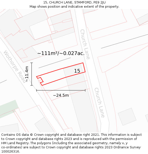 15, CHURCH LANE, STAMFORD, PE9 2JU: Plot and title map