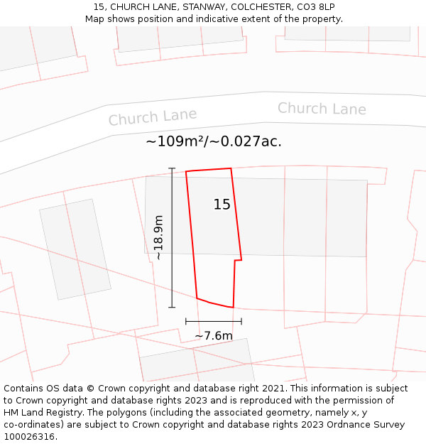 15, CHURCH LANE, STANWAY, COLCHESTER, CO3 8LP: Plot and title map