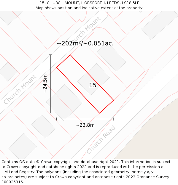 15, CHURCH MOUNT, HORSFORTH, LEEDS, LS18 5LE: Plot and title map