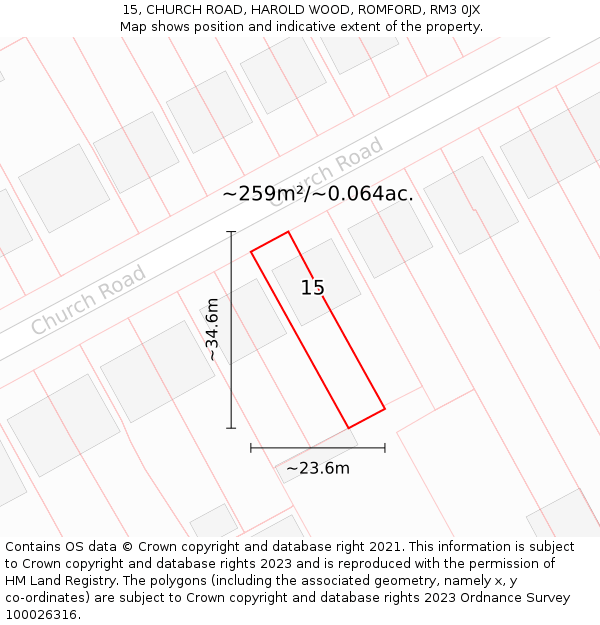 15, CHURCH ROAD, HAROLD WOOD, ROMFORD, RM3 0JX: Plot and title map