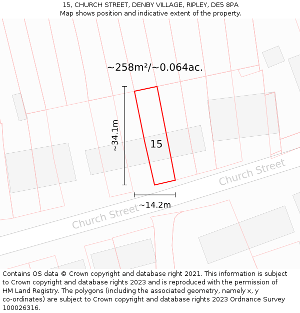15, CHURCH STREET, DENBY VILLAGE, RIPLEY, DE5 8PA: Plot and title map