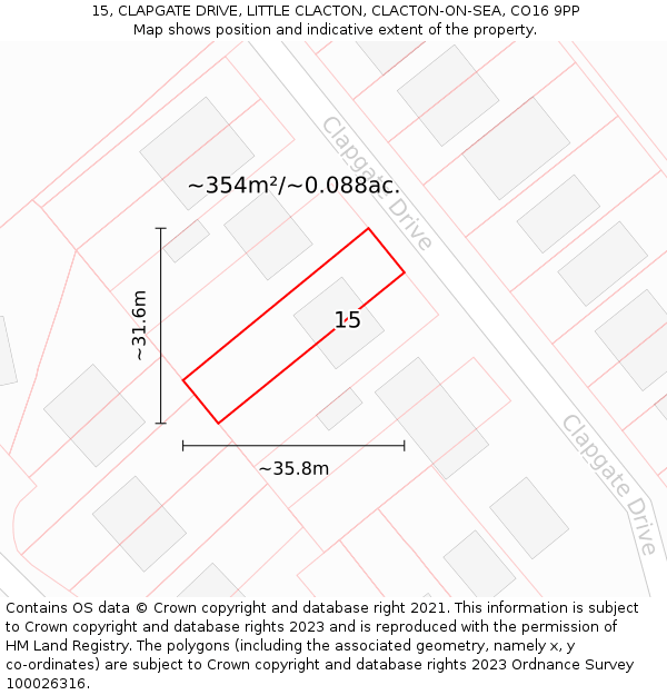 15, CLAPGATE DRIVE, LITTLE CLACTON, CLACTON-ON-SEA, CO16 9PP: Plot and title map