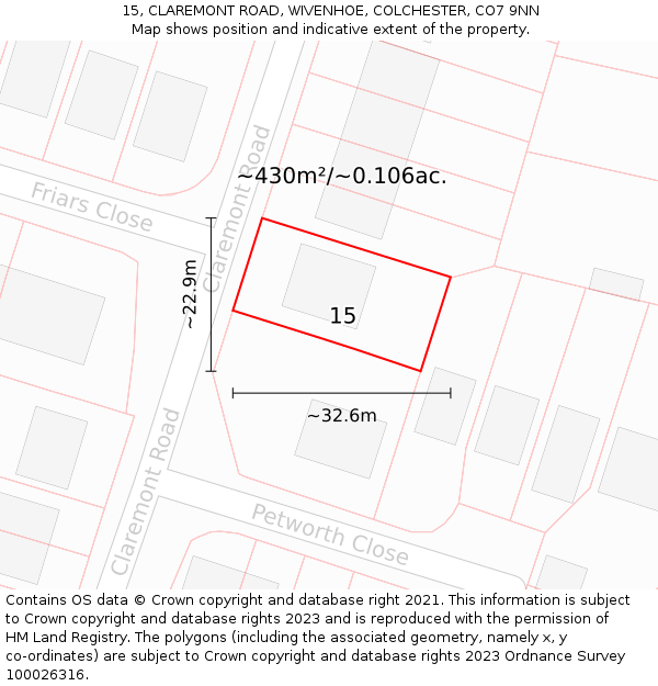 15, CLAREMONT ROAD, WIVENHOE, COLCHESTER, CO7 9NN: Plot and title map