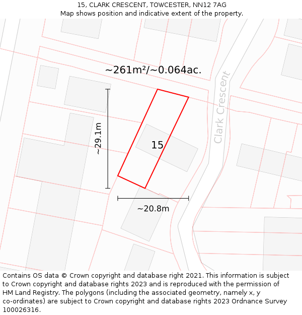 15, CLARK CRESCENT, TOWCESTER, NN12 7AG: Plot and title map