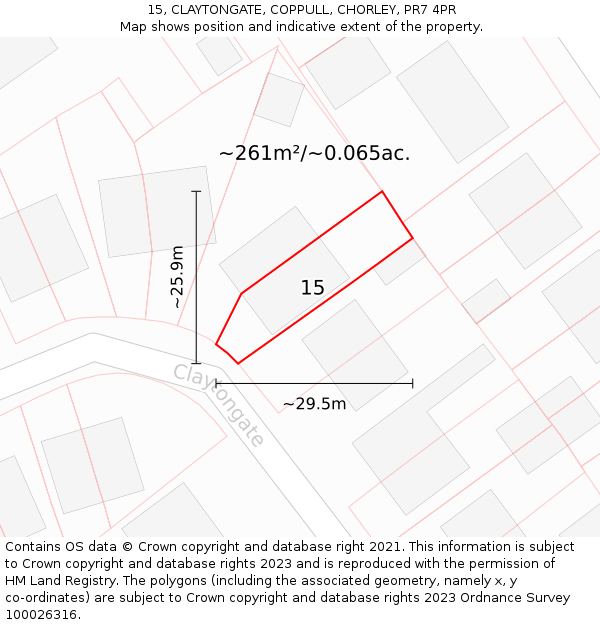 15, CLAYTONGATE, COPPULL, CHORLEY, PR7 4PR: Plot and title map