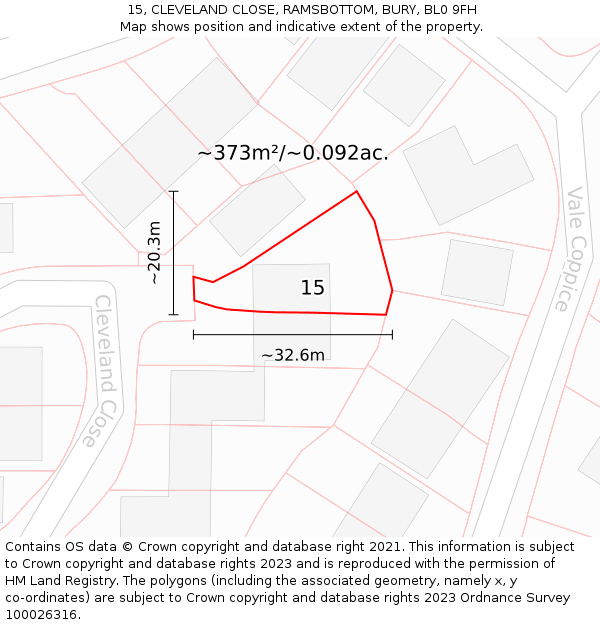 15, CLEVELAND CLOSE, RAMSBOTTOM, BURY, BL0 9FH: Plot and title map