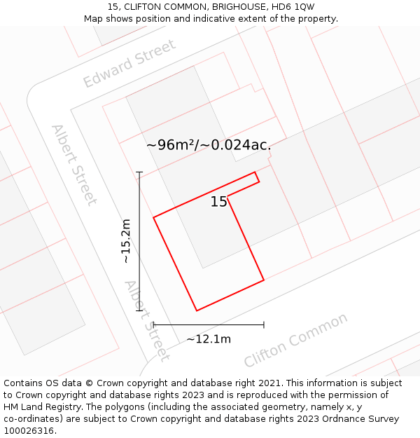 15, CLIFTON COMMON, BRIGHOUSE, HD6 1QW: Plot and title map
