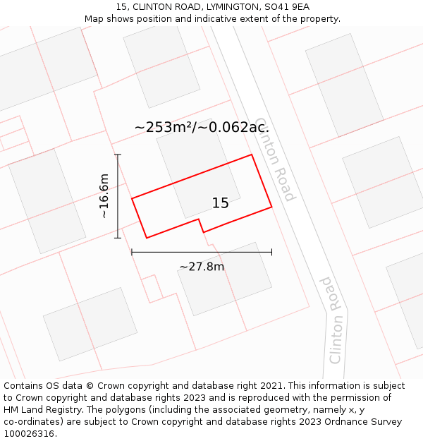 15, CLINTON ROAD, LYMINGTON, SO41 9EA: Plot and title map