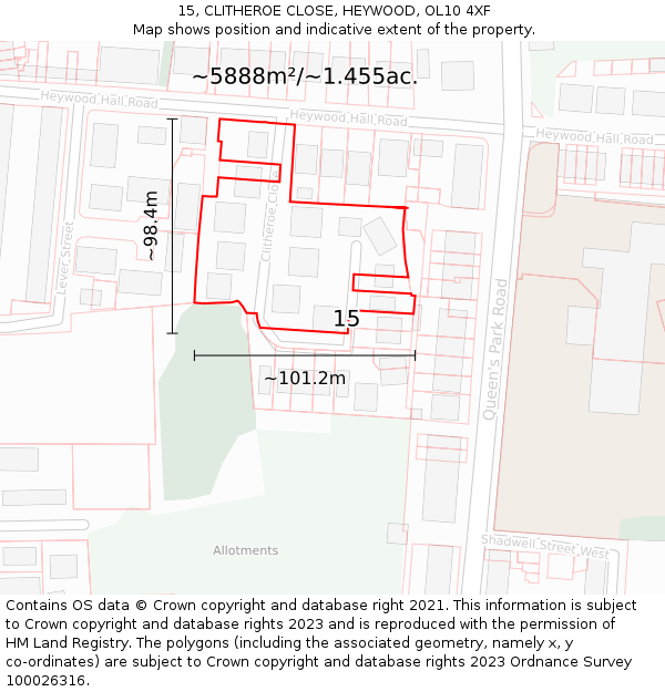 15, CLITHEROE CLOSE, HEYWOOD, OL10 4XF: Plot and title map