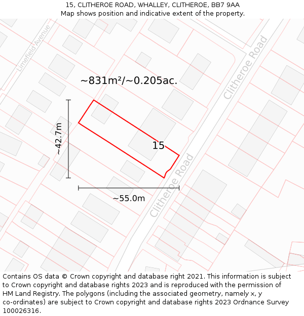 15, CLITHEROE ROAD, WHALLEY, CLITHEROE, BB7 9AA: Plot and title map