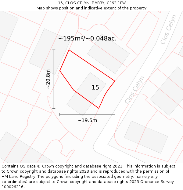 15, CLOS CELYN, BARRY, CF63 1FW: Plot and title map