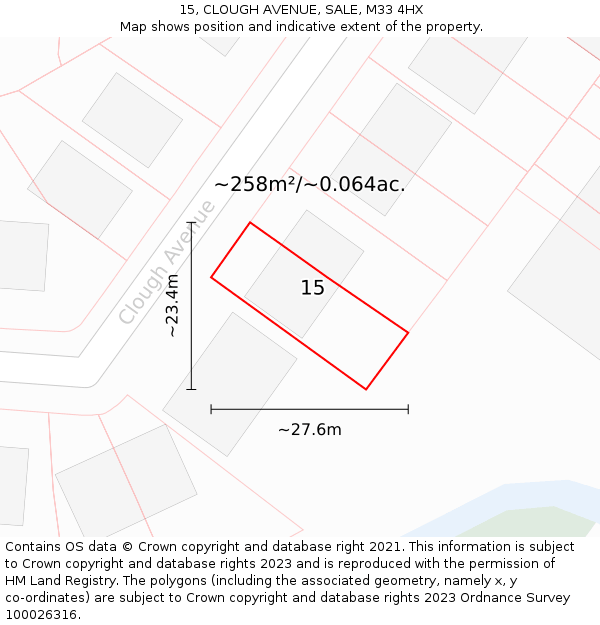 15, CLOUGH AVENUE, SALE, M33 4HX: Plot and title map