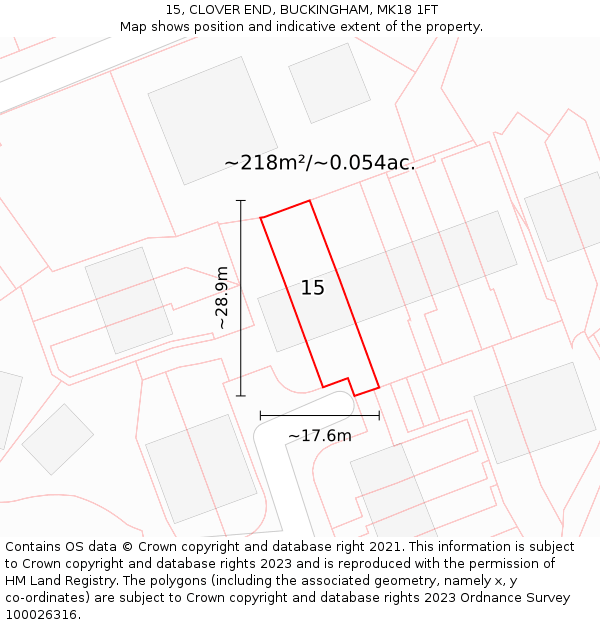 15, CLOVER END, BUCKINGHAM, MK18 1FT: Plot and title map