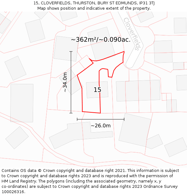 15, CLOVERFIELDS, THURSTON, BURY ST EDMUNDS, IP31 3TJ: Plot and title map