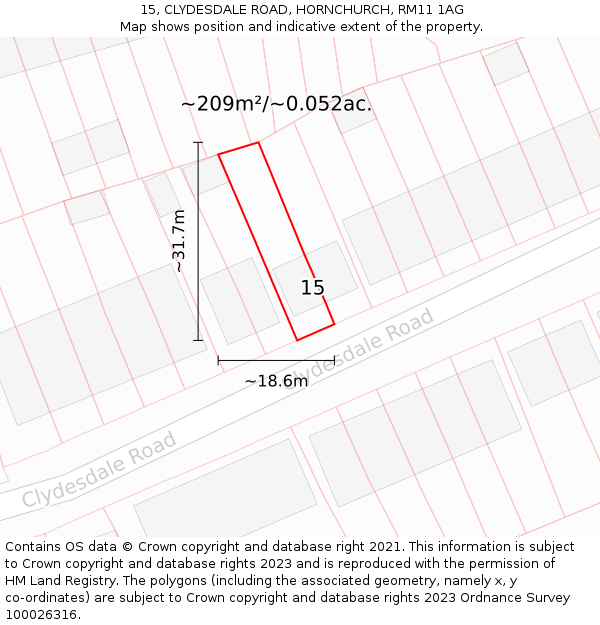 15, CLYDESDALE ROAD, HORNCHURCH, RM11 1AG: Plot and title map