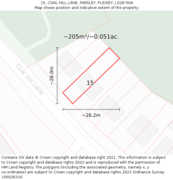 15, COAL HILL LANE, FARSLEY, PUDSEY, LS28 5NA: Plot and title map