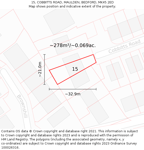 15, COBBITTS ROAD, MAULDEN, BEDFORD, MK45 2ED: Plot and title map