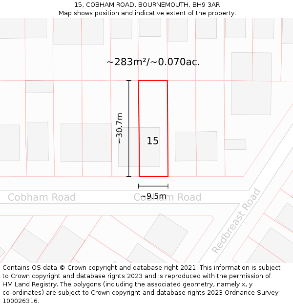 15, COBHAM ROAD, BOURNEMOUTH, BH9 3AR: Plot and title map