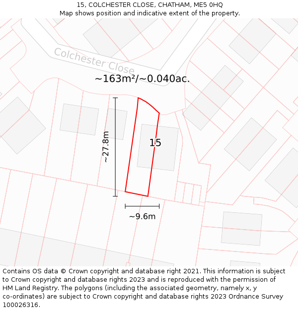 15, COLCHESTER CLOSE, CHATHAM, ME5 0HQ: Plot and title map