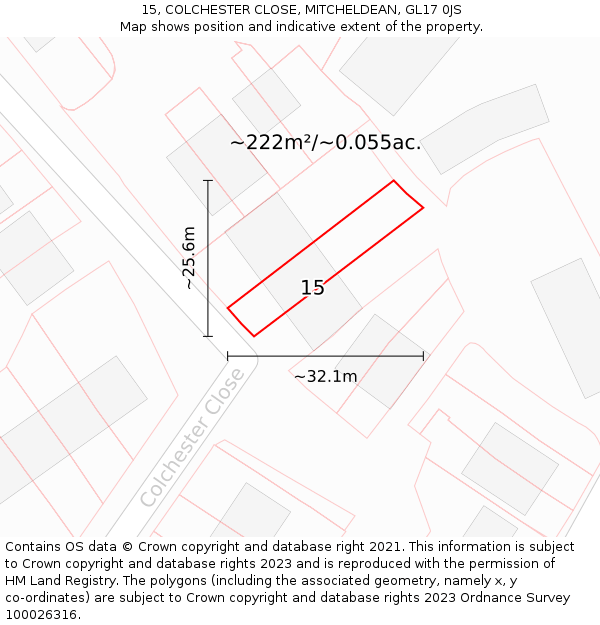 15, COLCHESTER CLOSE, MITCHELDEAN, GL17 0JS: Plot and title map