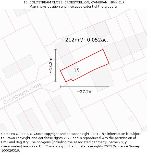15, COLDSTREAM CLOSE, CROESYCEILIOG, CWMBRAN, NP44 2LP: Plot and title map
