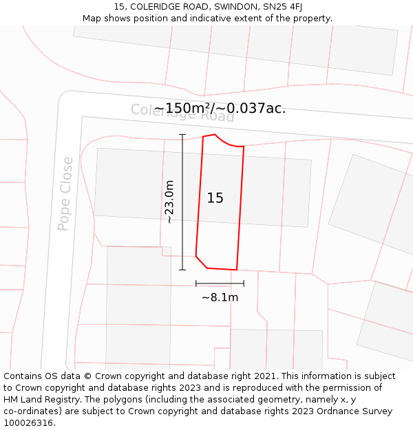 15, COLERIDGE ROAD, SWINDON, SN25 4FJ: Plot and title map