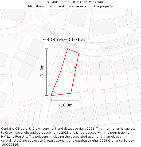 15, COLLARD CRESCENT, BARRY, CF62 9AP: Plot and title map