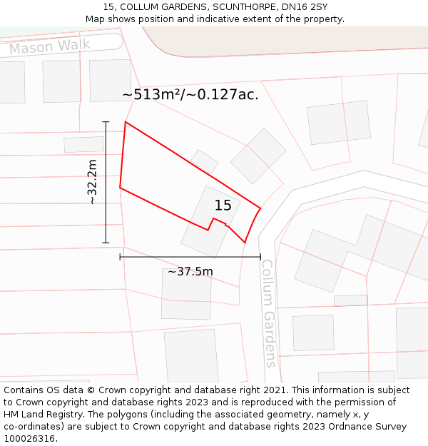 15, COLLUM GARDENS, SCUNTHORPE, DN16 2SY: Plot and title map