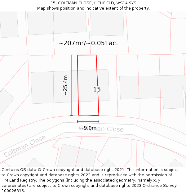 15, COLTMAN CLOSE, LICHFIELD, WS14 9YS: Plot and title map