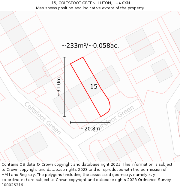 15, COLTSFOOT GREEN, LUTON, LU4 0XN: Plot and title map
