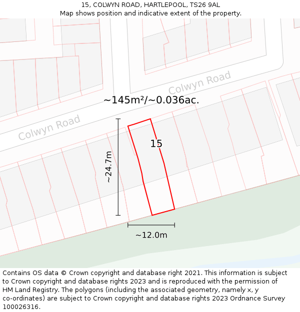 15, COLWYN ROAD, HARTLEPOOL, TS26 9AL: Plot and title map
