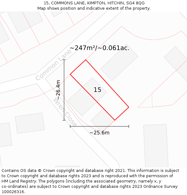 15, COMMONS LANE, KIMPTON, HITCHIN, SG4 8QG: Plot and title map
