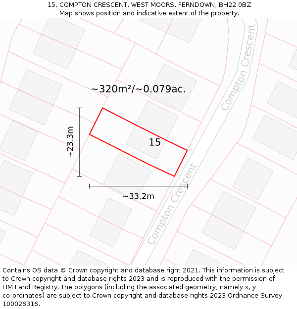 15, COMPTON CRESCENT, WEST MOORS, FERNDOWN, BH22 0BZ: Plot and title map