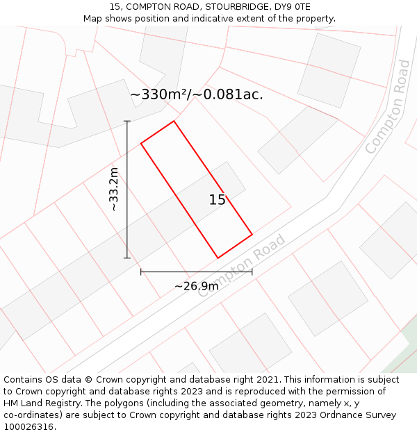 15, COMPTON ROAD, STOURBRIDGE, DY9 0TE: Plot and title map