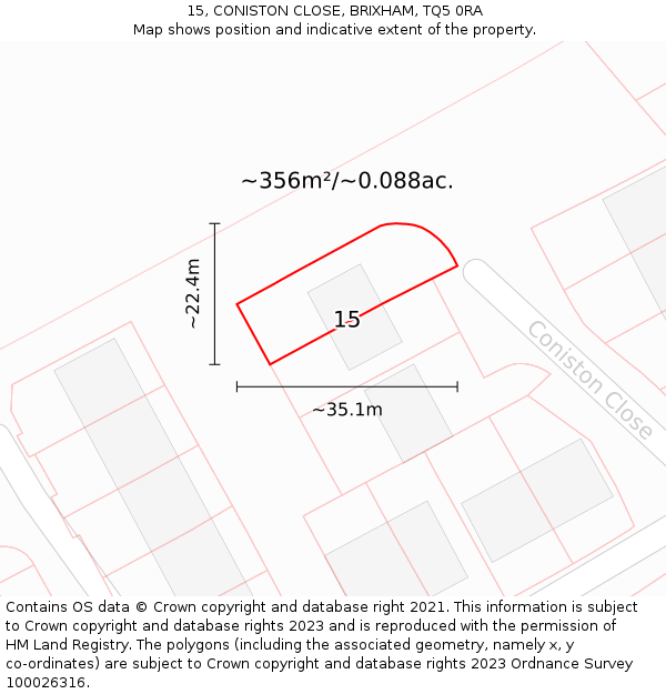 15, CONISTON CLOSE, BRIXHAM, TQ5 0RA: Plot and title map