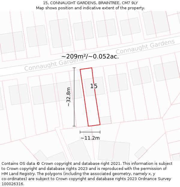 15, CONNAUGHT GARDENS, BRAINTREE, CM7 9LY: Plot and title map