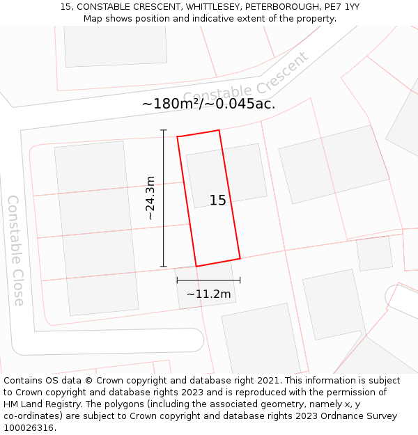 15, CONSTABLE CRESCENT, WHITTLESEY, PETERBOROUGH, PE7 1YY: Plot and title map