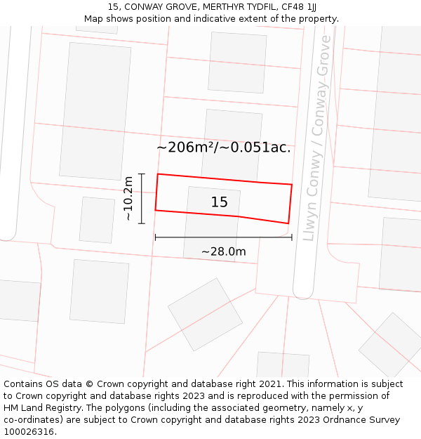 15, CONWAY GROVE, MERTHYR TYDFIL, CF48 1JJ: Plot and title map
