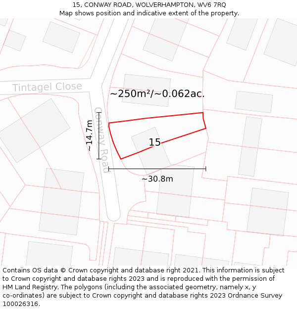 15, CONWAY ROAD, WOLVERHAMPTON, WV6 7RQ: Plot and title map