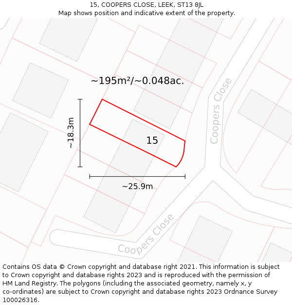 15, COOPERS CLOSE, LEEK, ST13 8JL: Plot and title map