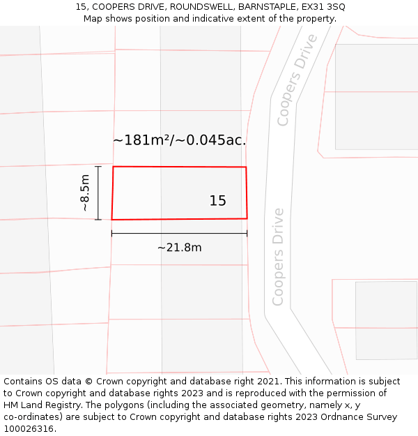 15, COOPERS DRIVE, ROUNDSWELL, BARNSTAPLE, EX31 3SQ: Plot and title map