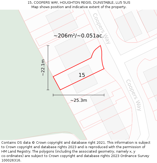 15, COOPERS WAY, HOUGHTON REGIS, DUNSTABLE, LU5 5US: Plot and title map