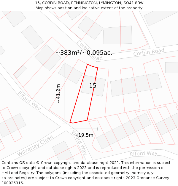 15, CORBIN ROAD, PENNINGTON, LYMINGTON, SO41 8BW: Plot and title map