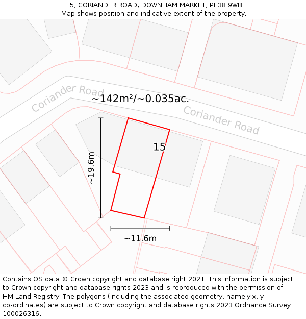 15, CORIANDER ROAD, DOWNHAM MARKET, PE38 9WB: Plot and title map