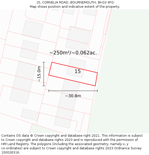 15, CORNELIA ROAD, BOURNEMOUTH, BH10 4FG: Plot and title map