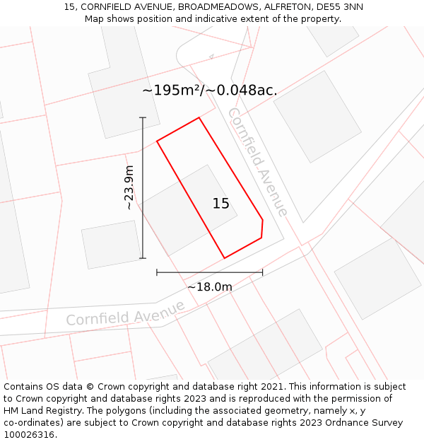 15, CORNFIELD AVENUE, BROADMEADOWS, ALFRETON, DE55 3NN: Plot and title map